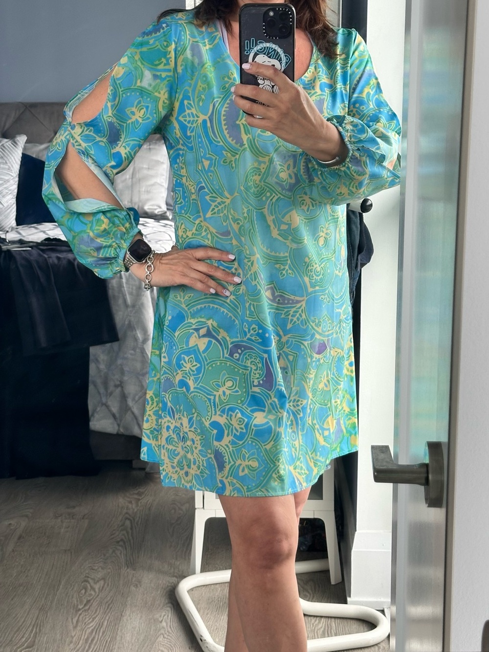 Women's Blue-Green Patterned Shift Dress